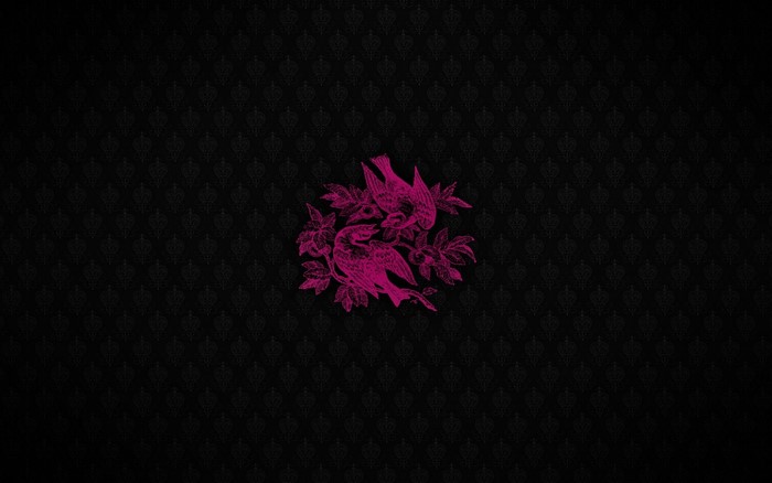 Pink birds and leaves on a black patterned background