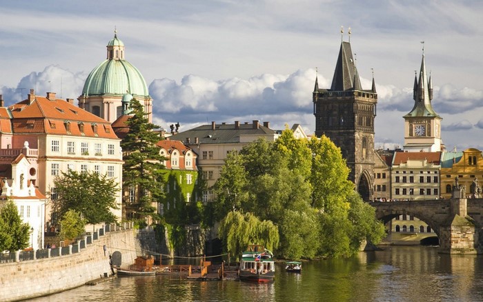 Prague cityscape with Charles Bridge and Vltava River
