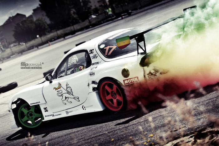 White Mazda RX-7 Drift Car with Rastafari Flag