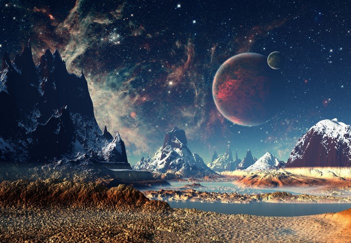 Alien planet landscape with large red planet and moon