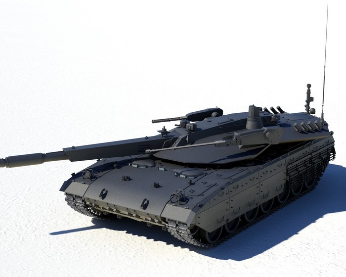 Dark gray main battle tank on a white surface