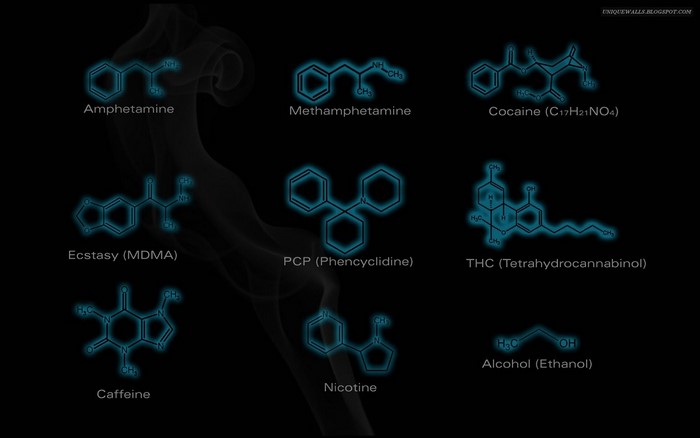 Chemical structures of various drugs and stimulants