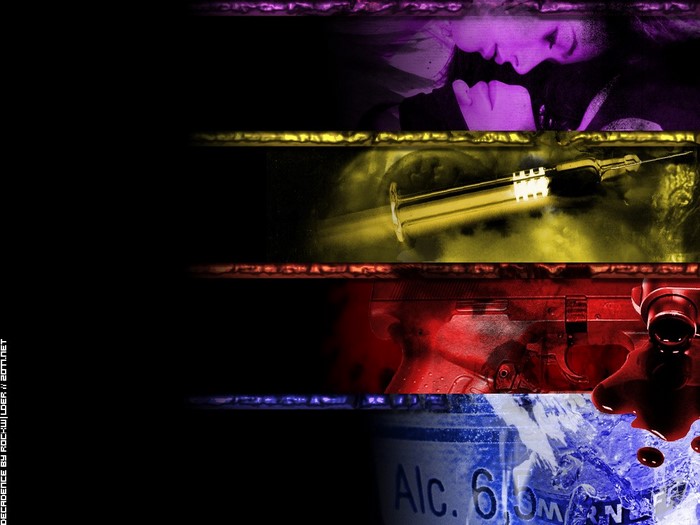 Collage of drugs, violence, and alcohol