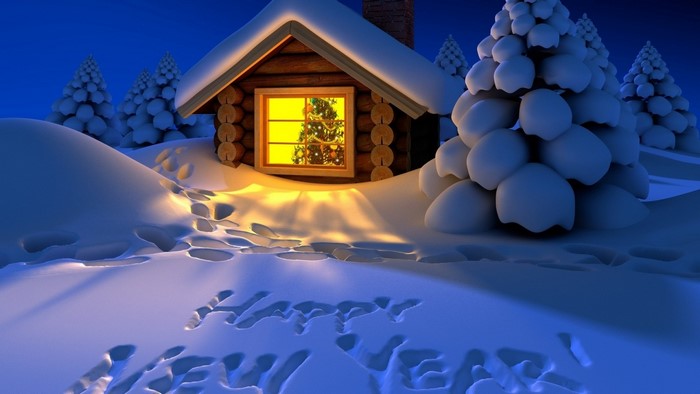 Christmas cabin in snowy landscape with footprints