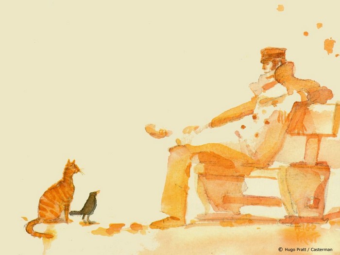 Corto Maltese and animals in watercolor