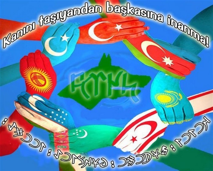 Hands with flags of Turkic countries forming a circle