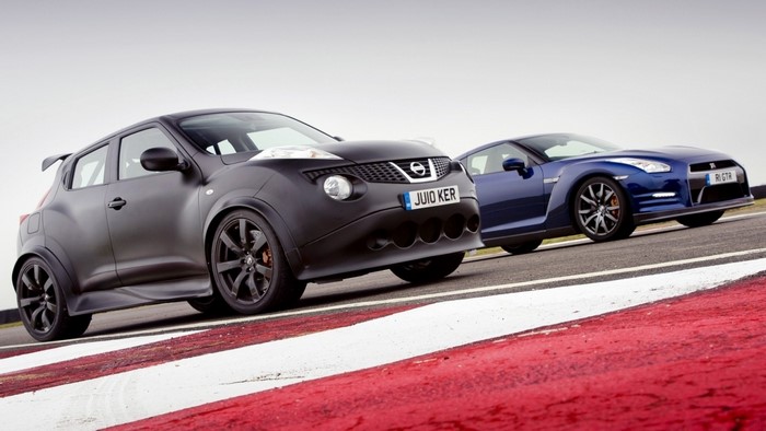 Nissan Juke and Nissan GT-R on a Racetrack