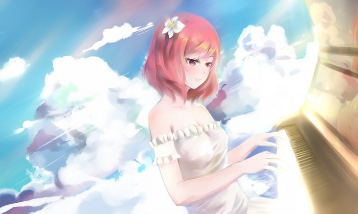 Nishikino Maki from Love Live! playing piano among clouds