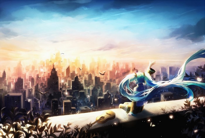 Hatsune Miku overlooking a cityscape at sunset