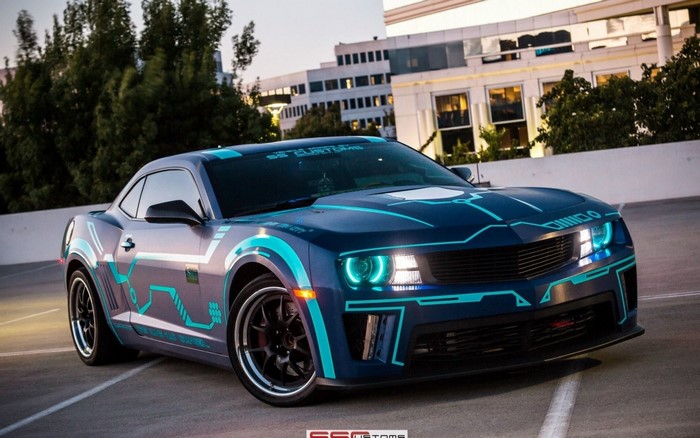 Customized Chevrolet Camaro with Tron-like decals
