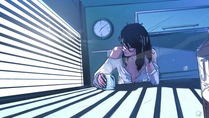 Woman with coffee by window blinds