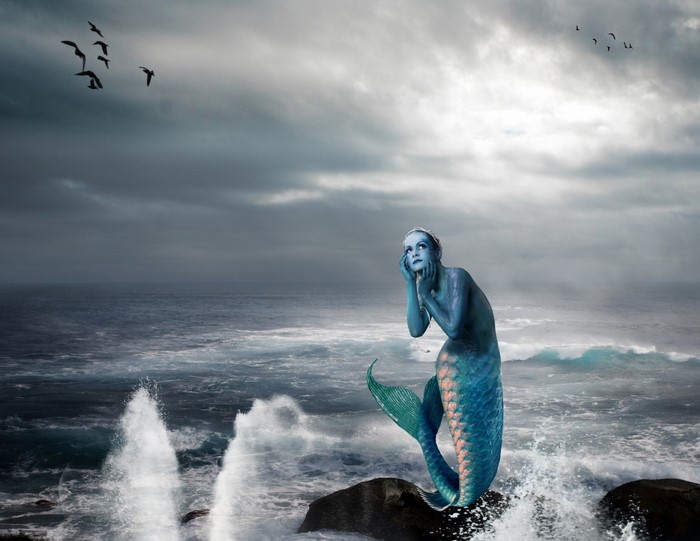 Mermaid sitting on rocks in stormy ocean with birds