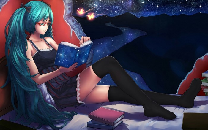Hatsune Miku from Vocaloid reading a book under the stars