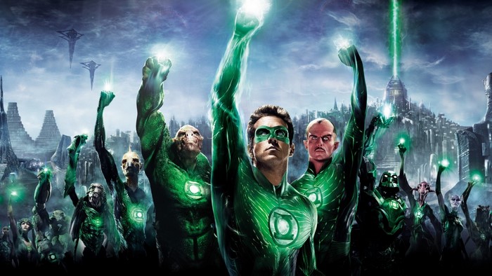 Green Lantern Corps in a futuristic city
