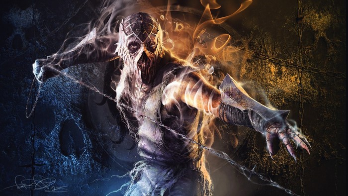 Scorpion from Mortal Kombat with chains and smoke