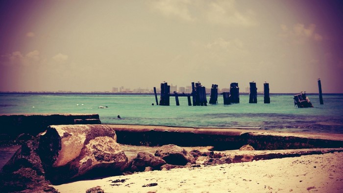 Ruined pier posts in the sea with a distant city skyline