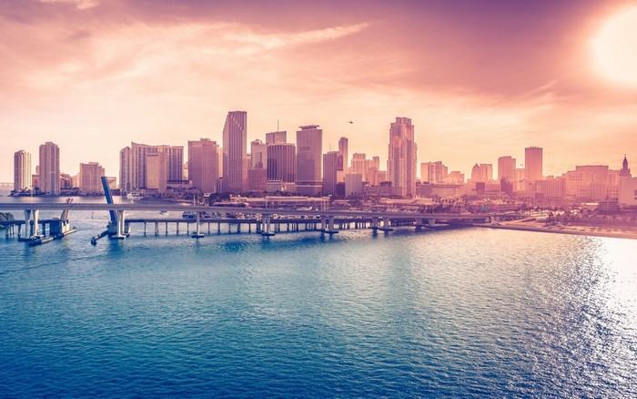 Miami Skyline at Sunset with Bridge and Water
