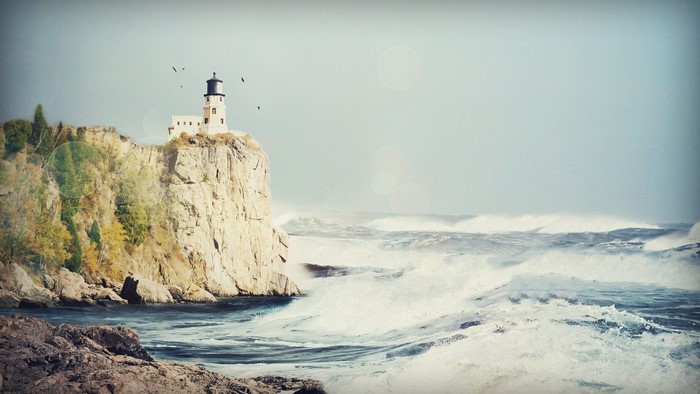 Split Rock Lighthouse on Rocky Cliff by the Ocean