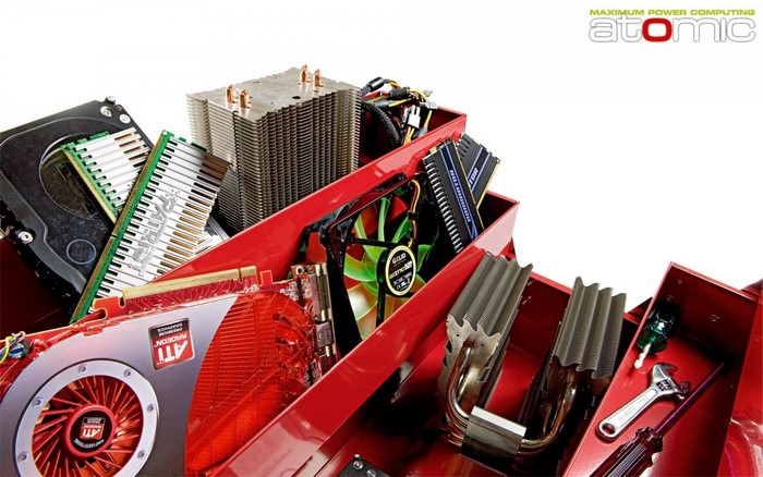Computer components in a red toolbox