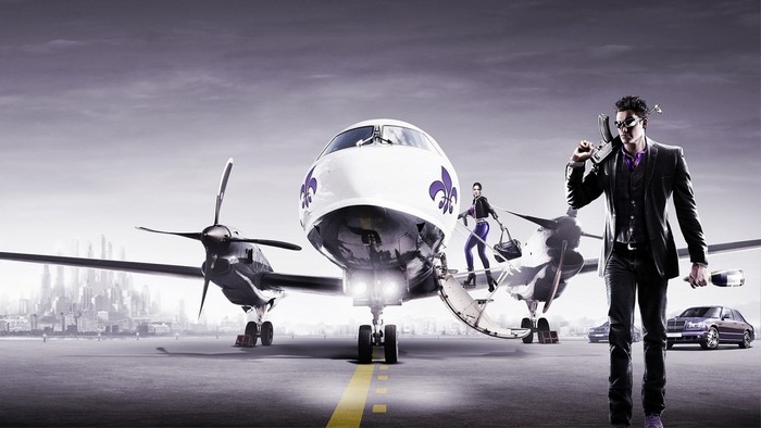 Saints Row IV characters with airplane and cars