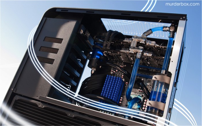 Custom water-cooled PC build with blue lighting