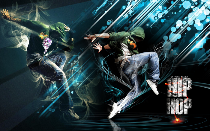 Two hip hop dancers in motion with abstract background