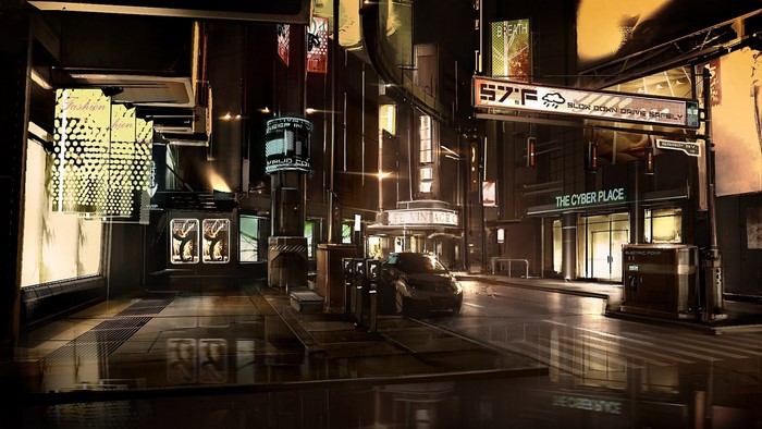 Cyberpunk street at night with neon signs and a car