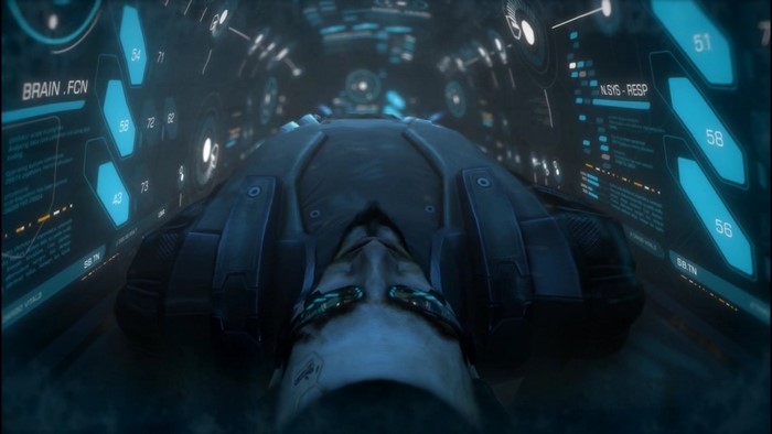 Adam Jensen from Deus Ex Human Revolution in a futuristic medical bay