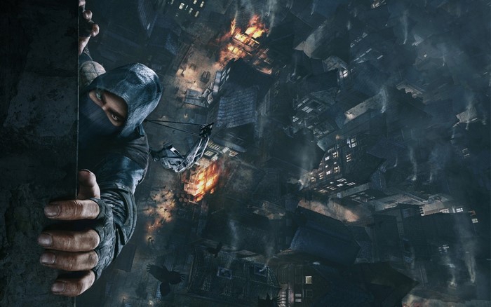 Thief character climbing on a building overlooking a burning city