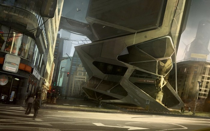 Futuristic city street with modern architecture