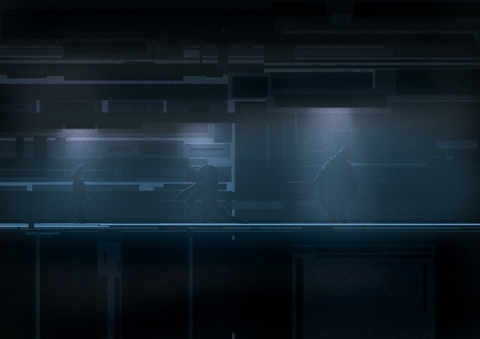Silhouettes in a dark, futuristic interior