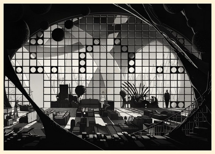 Monochrome illustration of a futuristic interior with geometric patterns