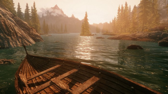 Boat on a lake in The Elder Scrolls V Skyrim