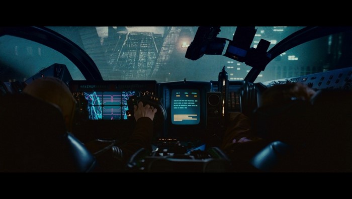 Interior of a futuristic vehicle cockpit in Blade Runner