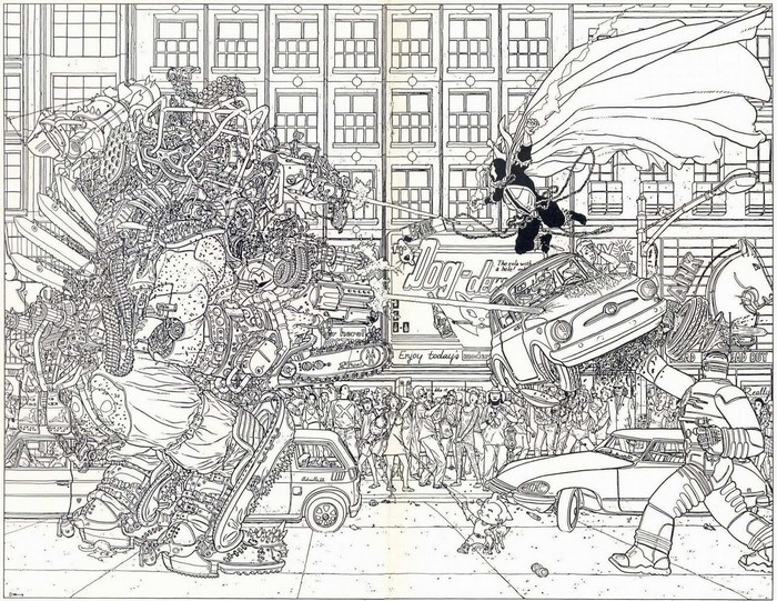 Geoff Darrow's detailed illustration of a street fight