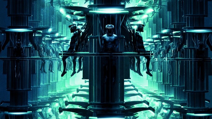 Sci-fi scene with figures in futuristic setting