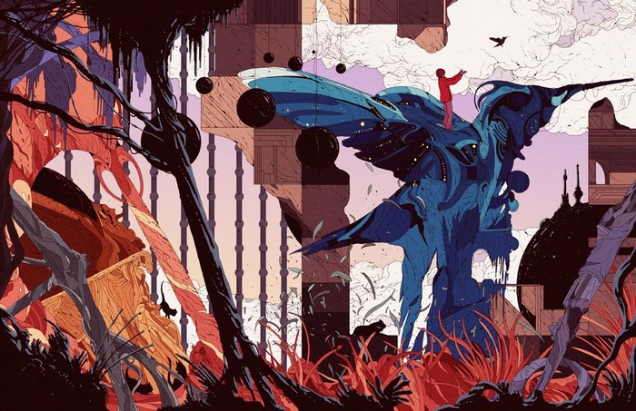 Fantasy art illustration of a person riding a blue creature