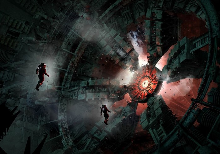 Astronauts in a damaged sci-fi structure