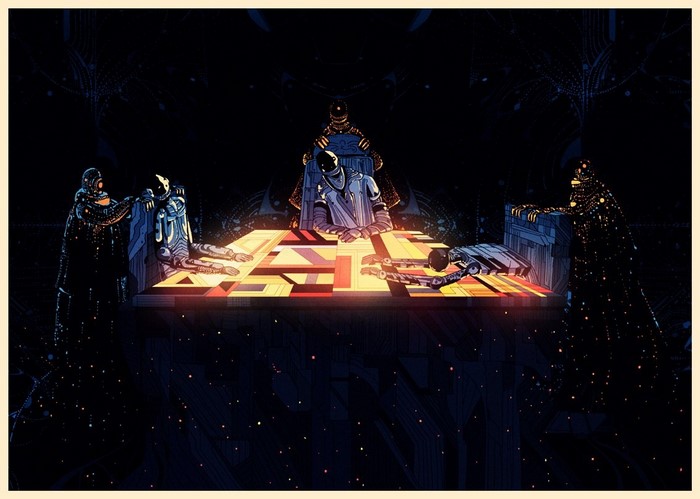 Science fiction illustration of figures around a table