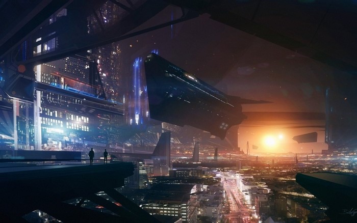 Futuristic Cityscape with Spaceship at Sunset
