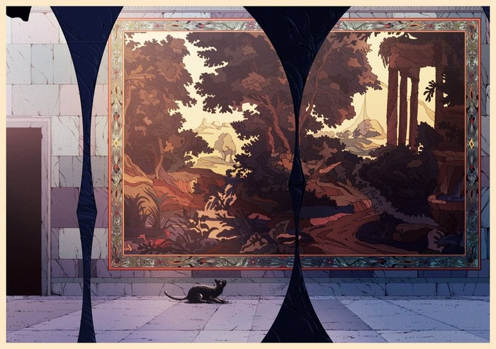 Black cat in front of a landscape painting
