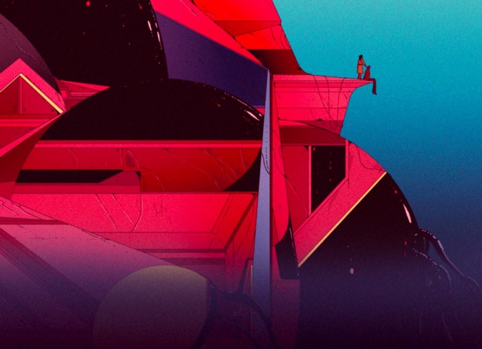 Futuristic abstract artwork with a person on a ledge