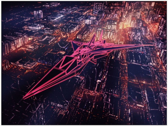 Futuristic aircraft flying over a neon city at night
