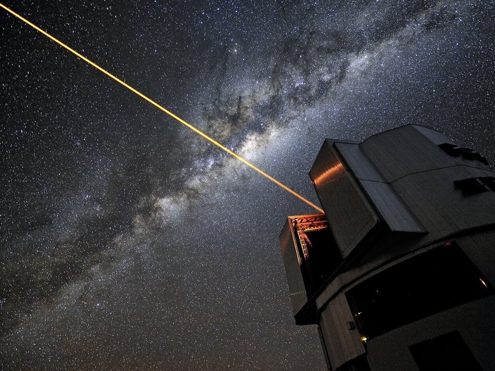 Observatory telescope with laser beam under the Milky Way