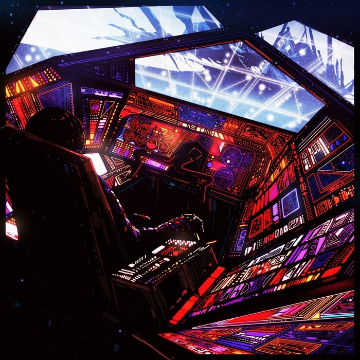Sci-fi cockpit with pilot and futuristic controls