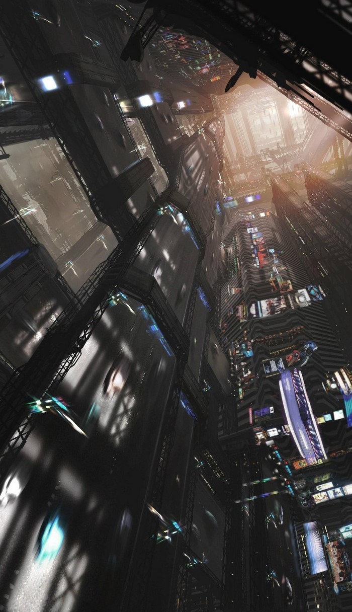 Futuristic city with flying vehicles and neon lights
