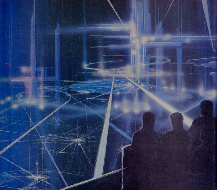 Futuristic city with glowing lights and three figures