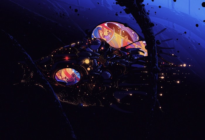 Alien spacecraft with glowing lights in deep space