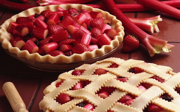 Strawberry Rhubarb Pies and Fresh Rhubarb Stalks