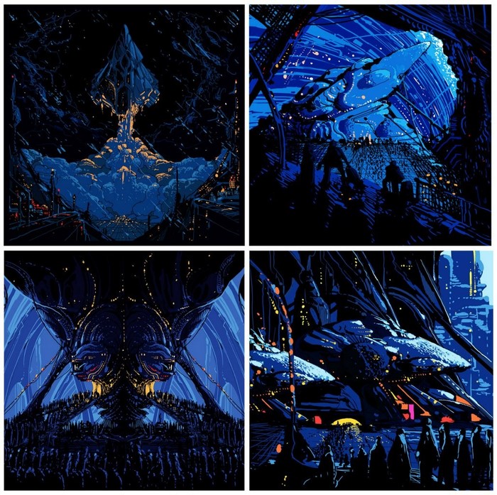 Sci-fi concept art with futuristic cityscapes and alien structures